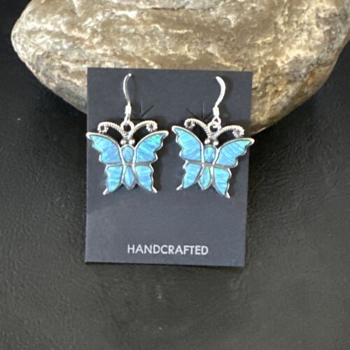 Butterfly Blue Opal Inlay Dangle Earrings | Sterling Silver | Authentic Native American Handmade | 16526
