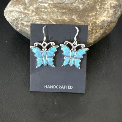 Butterfly Blue Opal Inlay Dangle Earrings | Sterling Silver | Authentic Native American Handmade | 16526