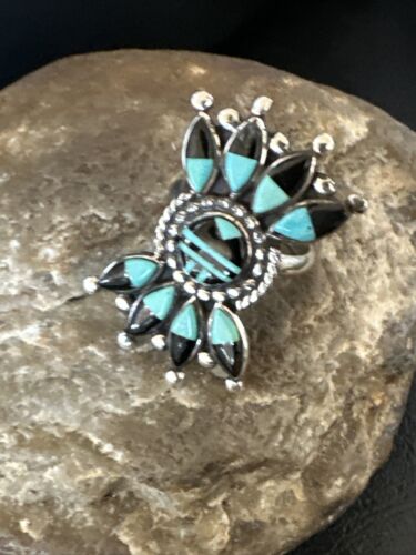 Zuni Blue Turquoise Black Onyx Sunface Inlay Ring | Sterling Silver | Sz 8 | 16432