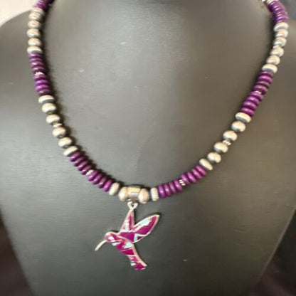 Navajo Hummingbird Purple Sugilite Inlay Pendant Necklace | Sterling Silver Inlay | Authentic Native American Handmade | 16762