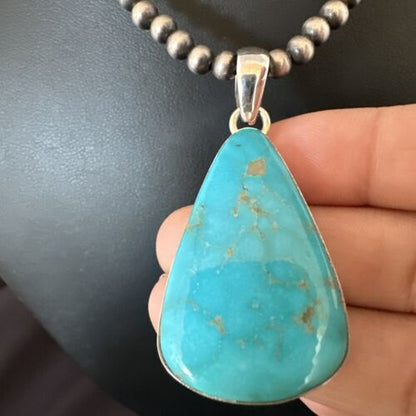 Navajo Blue Kingman Turquoise Pendant Necklace | Sterling Silver | 20" | Authentic Native American Handmade | 16724 - Masha USA