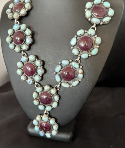 Navajo Turquoise Purple Spiny Cluster Lariat Necklace Pendant | Golden Hills | Authentic Native American Handmade | 16190