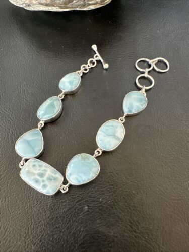 Navajo Blue Larimar Bracelet | Sterling Silver 7 Link | 8" | Authentic Native American Handmade | 16086
