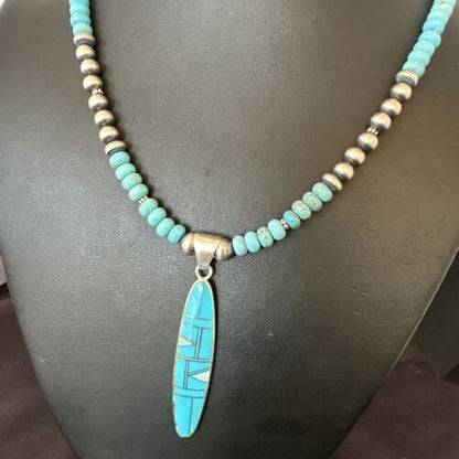 Navajo Blue Kingman Turquoise Opal Inlay Pendant | Sterling Silver Necklace | Authentic Native American Handmade | 16645 - Masha USA