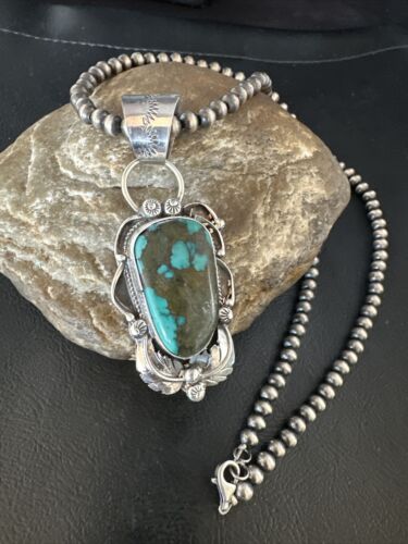 Navajo Blue Spiderweb Turquoise Pendant Necklace | Sterling Silver Pearls | Authentic Native American Handmade | 15095 - Masha USA