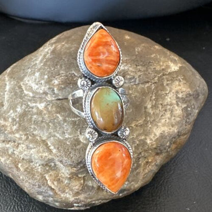Navajo Green Turquoise Spiny Oyster Multi-Stone Ring | Authentic Native American Sterling Silver | Sz 9.5 | 16715