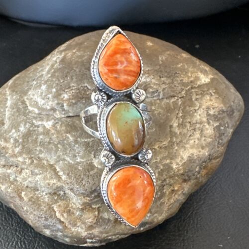 Navajo Green Turquoise Spiny Oyster Multi-Stone Ring | Authentic Native American Sterling Silver | Sz 9.5 | 16715