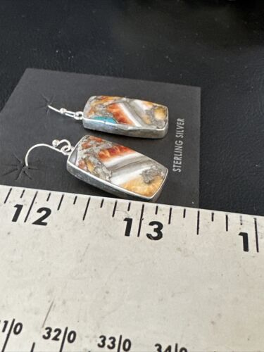 Navajo Blue Turquoise & Orange Spiny Oyster Inlay Dangle Earrings | Sterling Silver | 15582