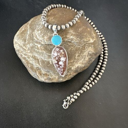 Navajo Wild Horse Blue Kingman Turquoise Necklace | Sterling Silver | SW Pendant | 17319