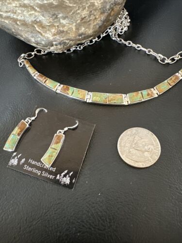 Navajo Choker Necklace with Blue #8 Turquoise Inlay | Sterling Silver Earrings Set | Authentic Native American Handmade | 16266