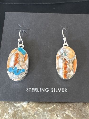 Navajo Blue Turquoise & Orange Spiny Oyster Inlay Dangle Earrings | Sterling Silver | 15587
