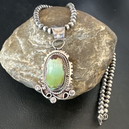 Navajo Royston Turquoise Pendant Necklace | Sterling Silver Pearls | Authentic Native American Handmade | 17060
