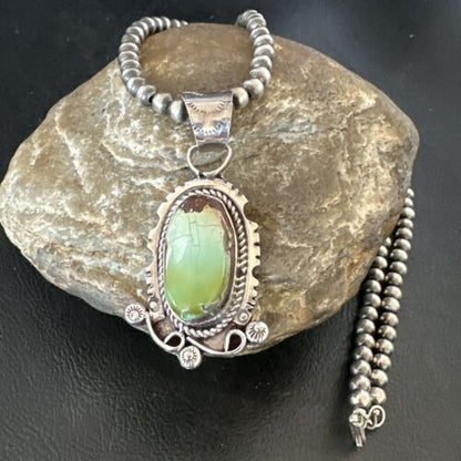 Navajo Royston Turquoise Pendant Necklace | Sterling Silver Pearls | Authentic Native American Handmade | 17060