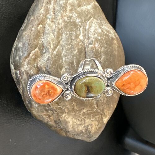 Navajo Green Turquoise Spiny Oyster Multi-Stone Ring | Authentic Native American Sterling Silver | Sz 10 | 16714