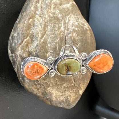 Navajo Green Turquoise Spiny Oyster Multi-Stone Ring | Authentic Native American Sterling Silver | Sz 10 | 16714