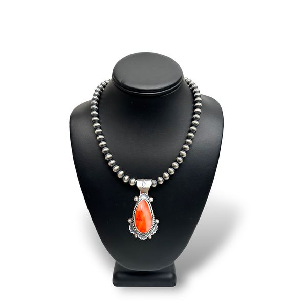 Navajo Orange Spiny Oyster Pendant | Sterling Silver Pearls | Authentic Native American Handmade | 1296
