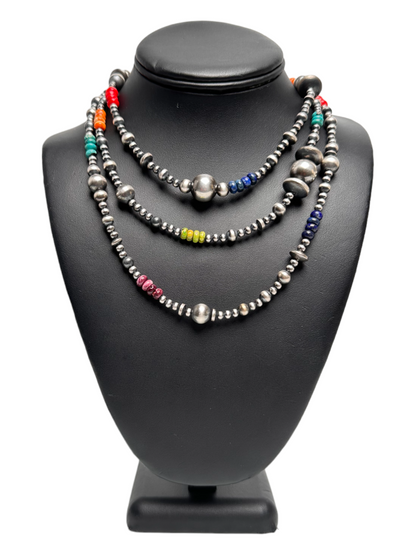 4mm - 16mm Mixed Gauge Sterling Silver Navajo Pearls | Multi-Color Bead | Authentic Native American Handmade Necklace | Length 18"-96"