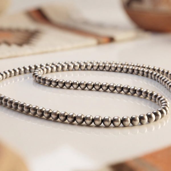 4mm Sterling Silver Navajo Pearls | Authentic Native American Handmade Necklace | Length 18"-26"