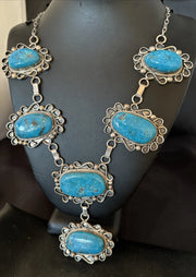 Old Pawn Navajo Kingman Turquoise Sterling Silver Lariat Necklace Pendant 19076