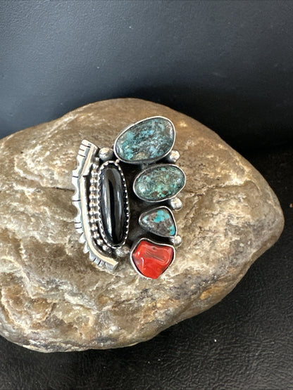 Navajo Cluster Onyx Blue Turquoise Coral Sterling Silver Ring Sz 7.5 18886