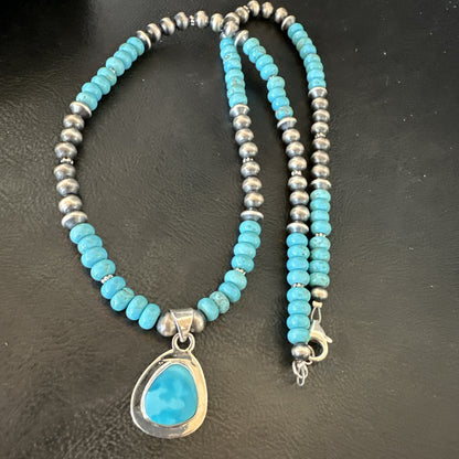 WoMens Blue Kingman Turquoise Pendant Navajo Sterling Silver Necklace 21" 18938