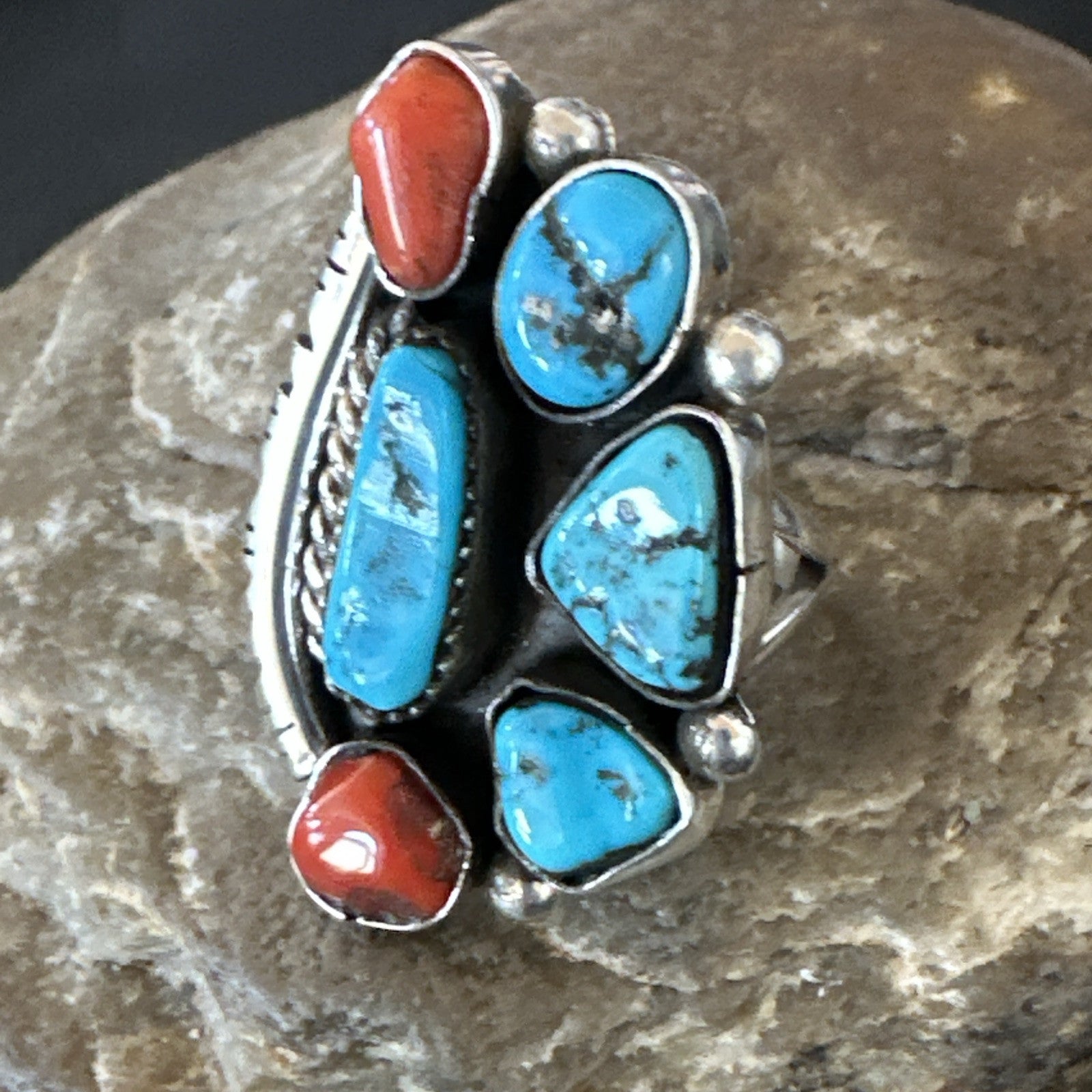 Navajo Cluster Blue Kingman Turquoise Coral Sterling Silver Ring Sz 7 18881