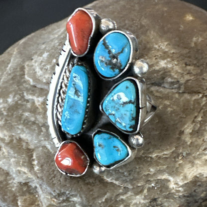Navajo Cluster Blue Kingman Turquoise Coral Sterling Silver Ring Sz 7 18881