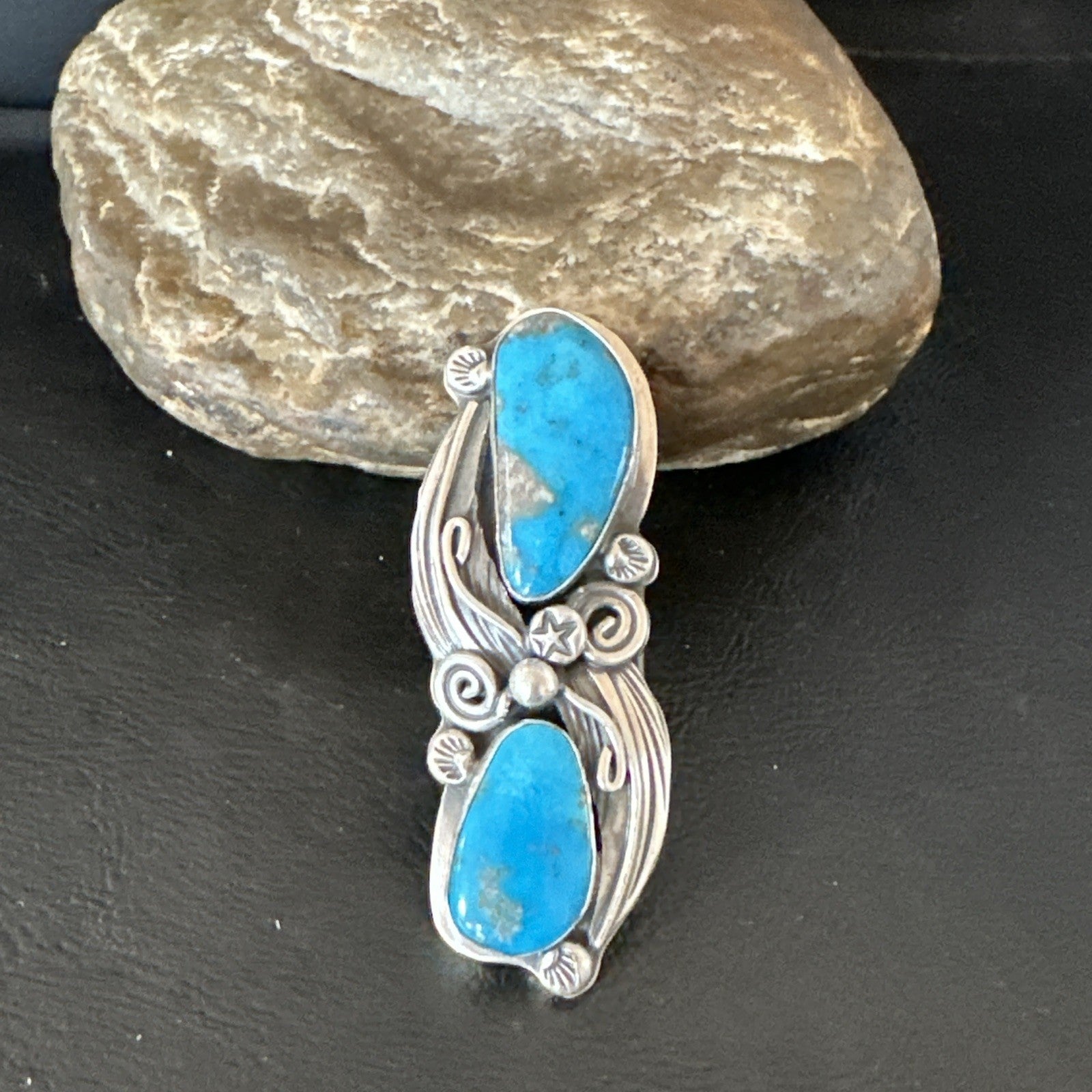 XL Navajo Cluster Blue Kingman Turquoise Sterling Silver Ring Sz 7 18989