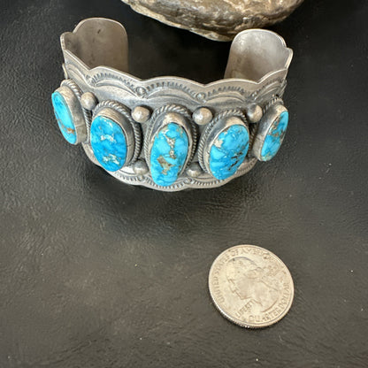 Mens Blue Kingman Turquoise Sterling SIlver Cluster Cuff Bracelet 8.2" 18875