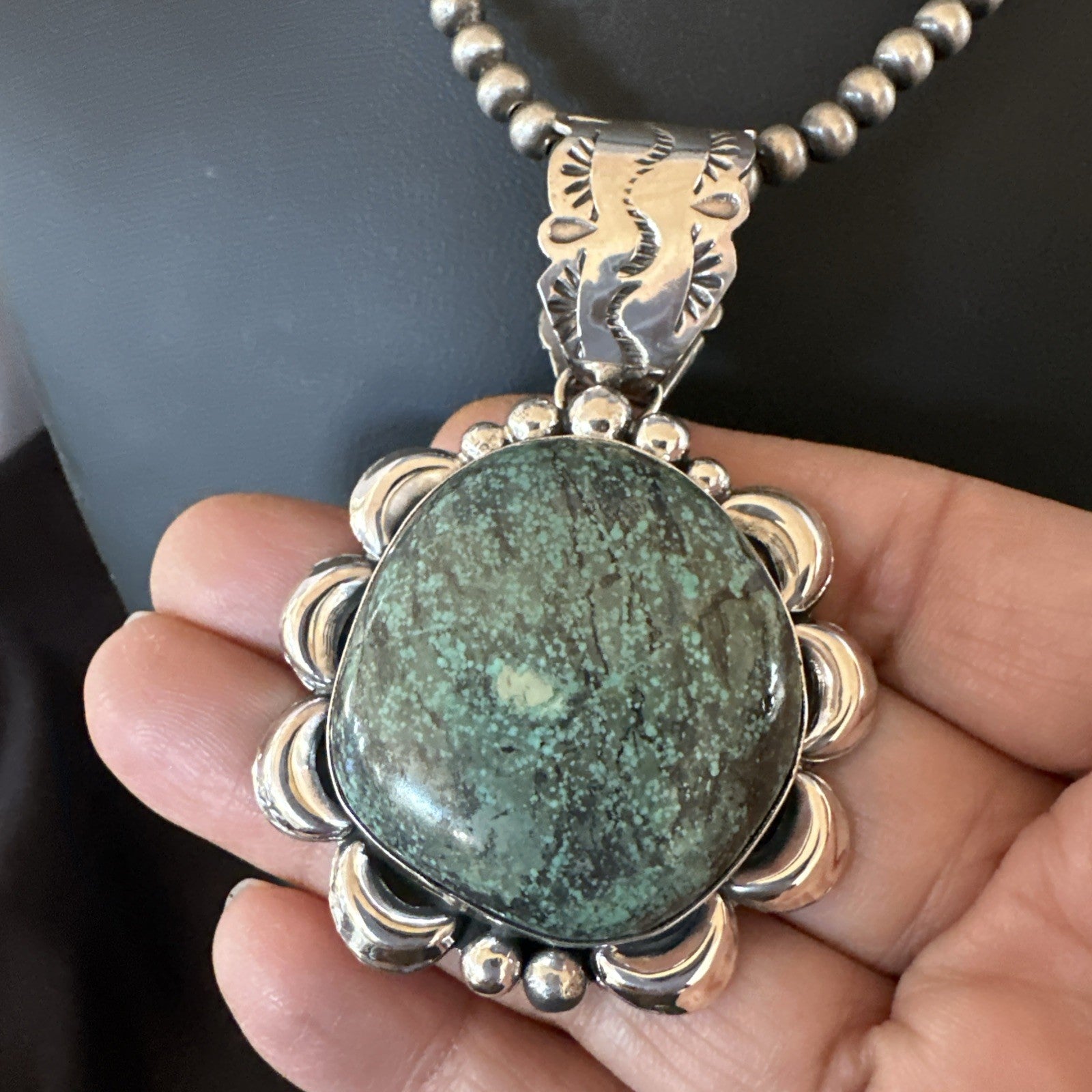 Yazzie Navajo Sterling Silver Blue Rustic Turquoise Necklace Pendant 2.75” 19000