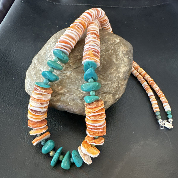 Santo Domingo Blue Turquoise Orange Spiny Bead Necklace 24" | Authentic Native American Handmade | 18908