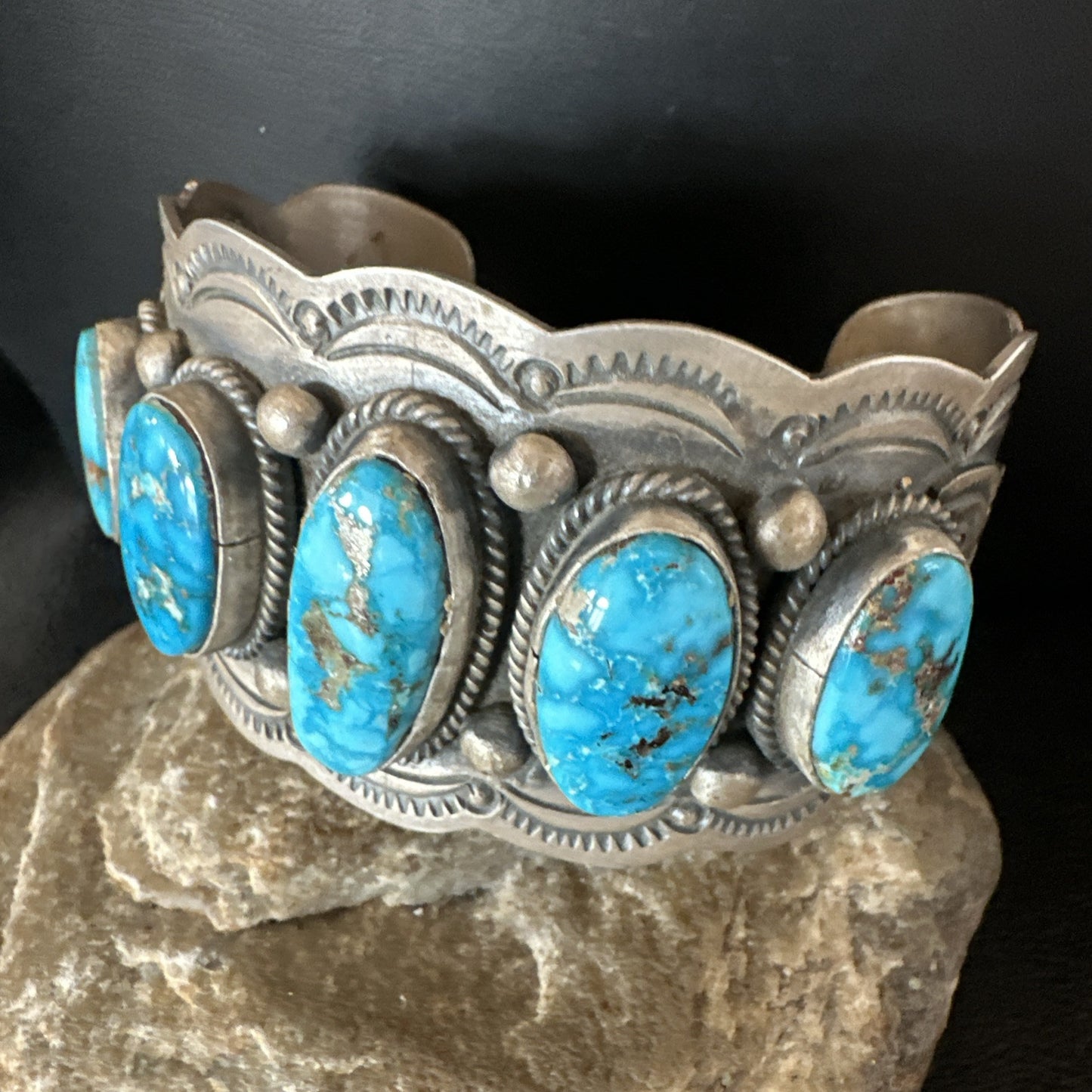 Mens Blue Kingman Turquoise Sterling SIlver Cluster Cuff Bracelet 8.2" 18875