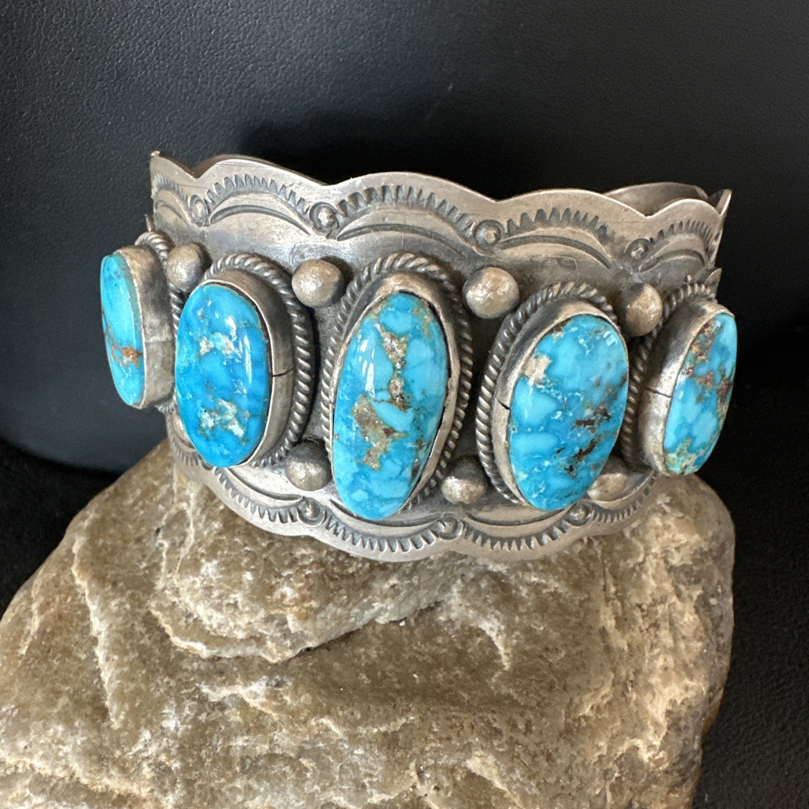 Mens Blue Kingman Turquoise Sterling SIlver Cluster Cuff Bracelet 8.2" 18875