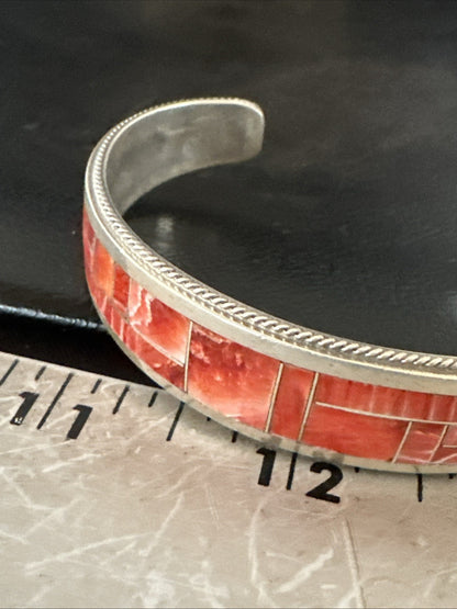 Orange Spiny Oyster Zuni Sterling Silver Cuff Inlay Bracelet 18993
