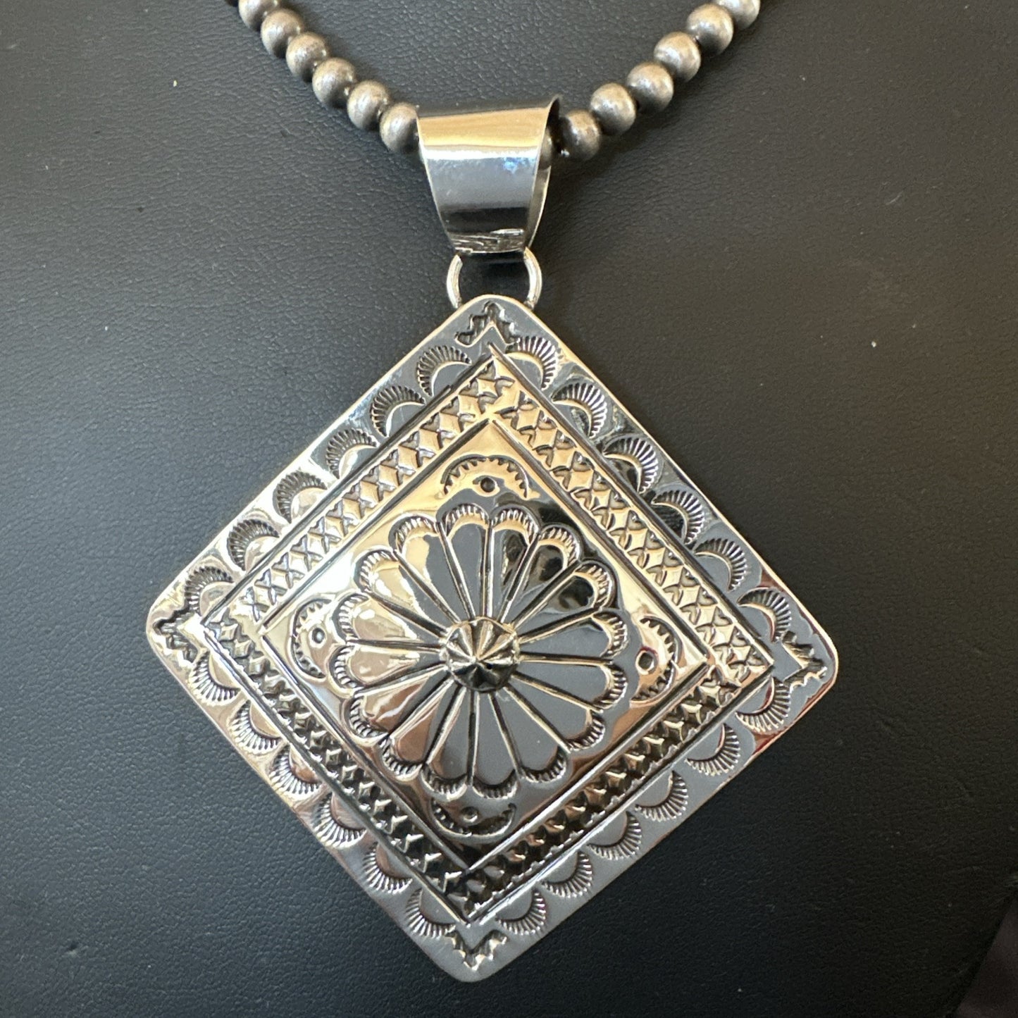 H Joe Handmade Stamped Pendant Navajo Sterling Silver Necklace 3.5" 18982