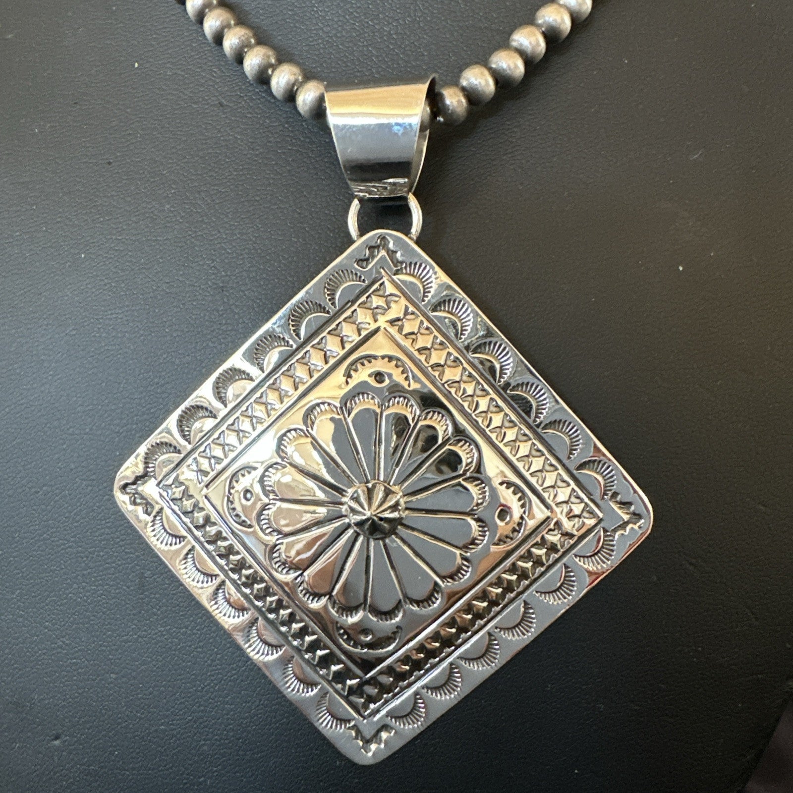H Joe Handmade Stamped Pendant Navajo Sterling Silver Necklace 3.5" 18982