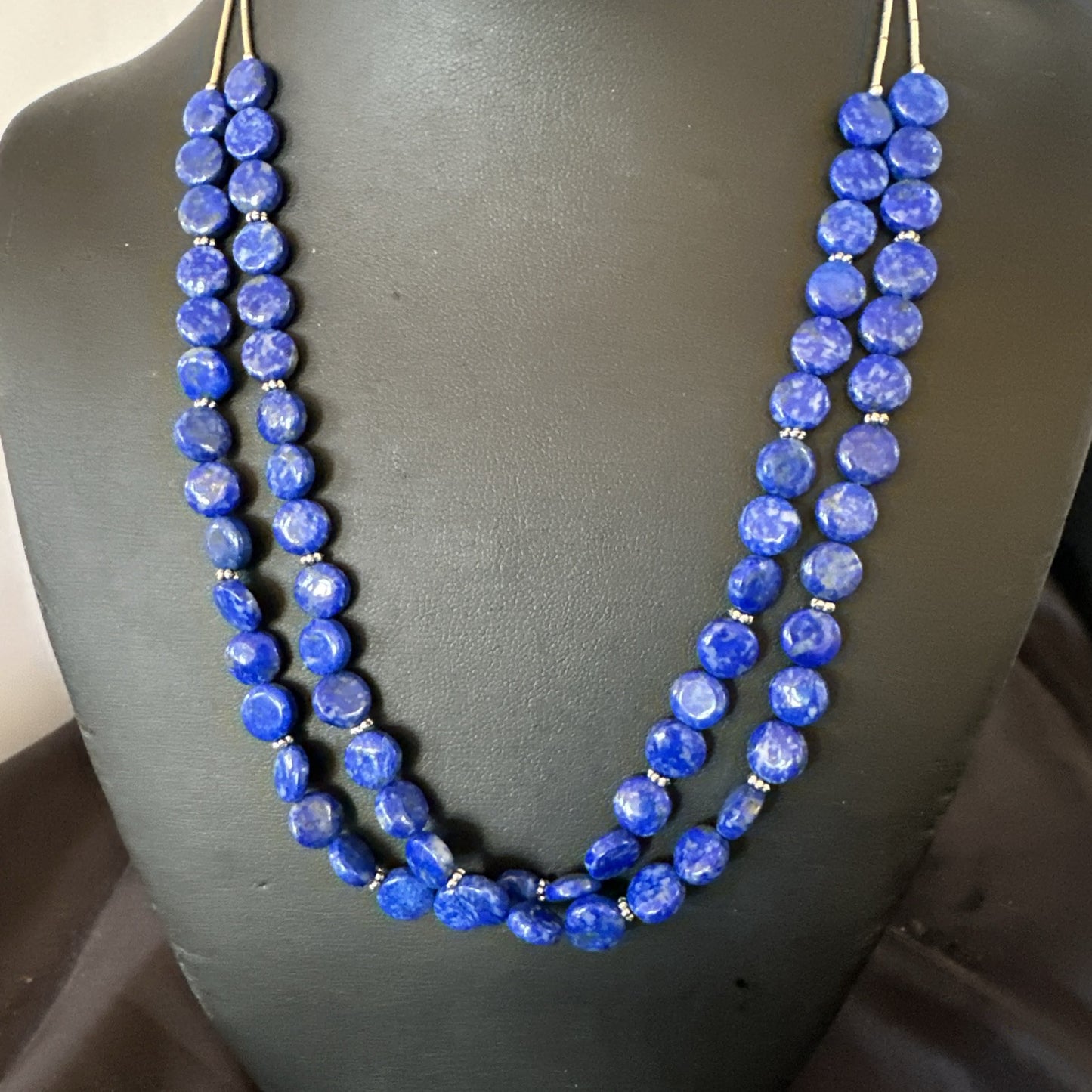 Blue Lapis Heishi 8mm Bead Liquid Sterling Silver 2 Strand Necklace 19" 18960