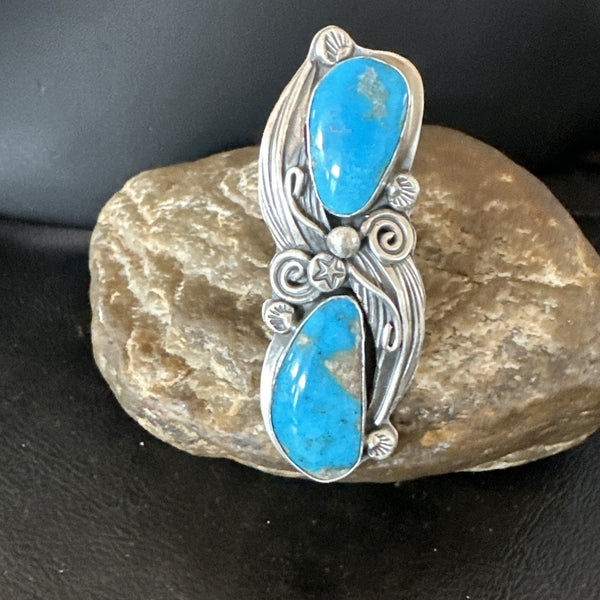 XL Navajo Cluster Blue Kingman Turquoise Ring Sz 7 | Sterling Silver | Authentic Native American Handmade | 18989