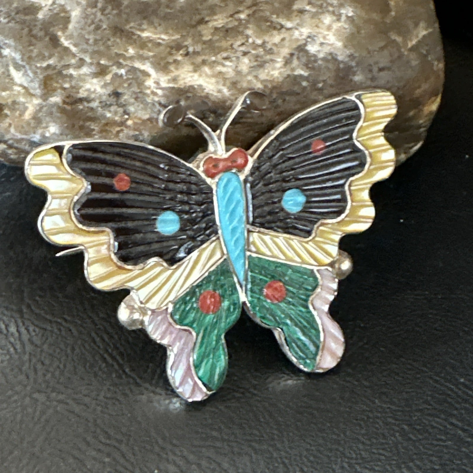 Multicolor Turquoise MOP Onyx Butterfly Sterling Silver Zuni Pin Pendant 18901