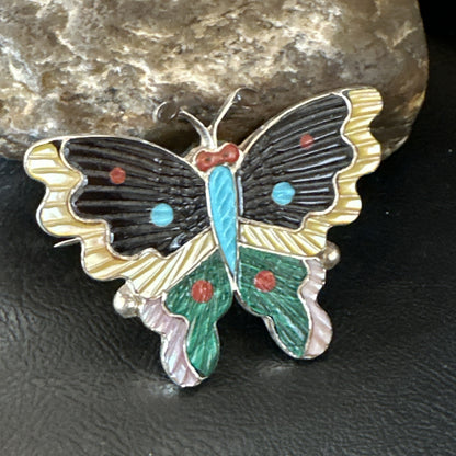 Multicolor Turquoise MOP Onyx Butterfly Sterling Silver Zuni Pin Pendant 18901