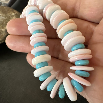 Pink Queen Conch Turquoise Graduated Navajo Sterling Silver Necklace 18944