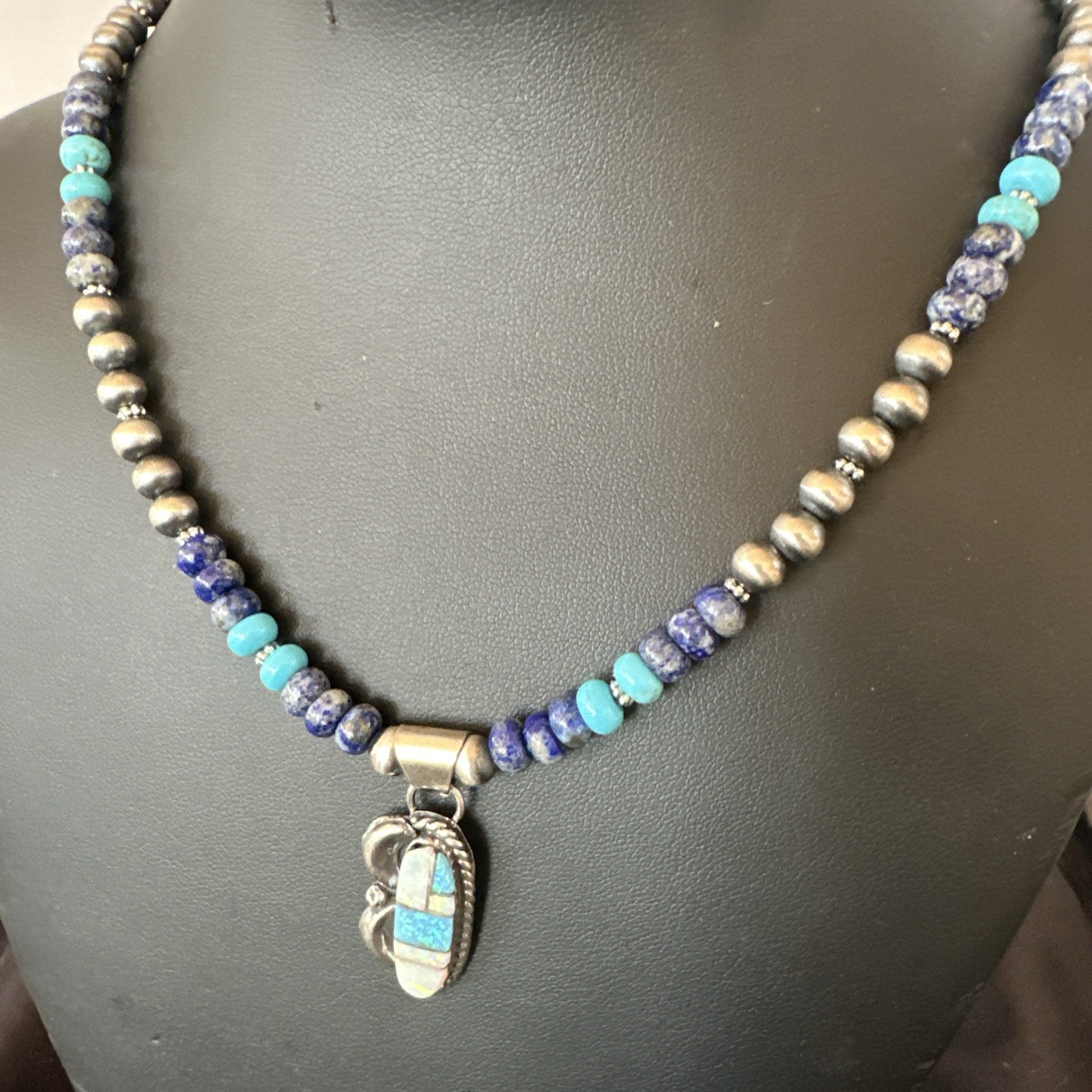 WoMens Opal Inlay Pendant Navajo Sterling Silver Blue Lapis Bead Necklace 18916