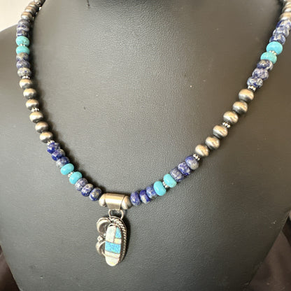 WoMens Opal Inlay Pendant Navajo Sterling Silver Blue Lapis Bead Necklace 18916