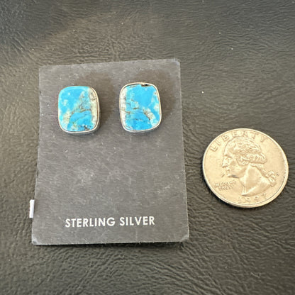 Blue Kingman Turquoise Navajo Sterling Silver Post Stud Earrings 18949
