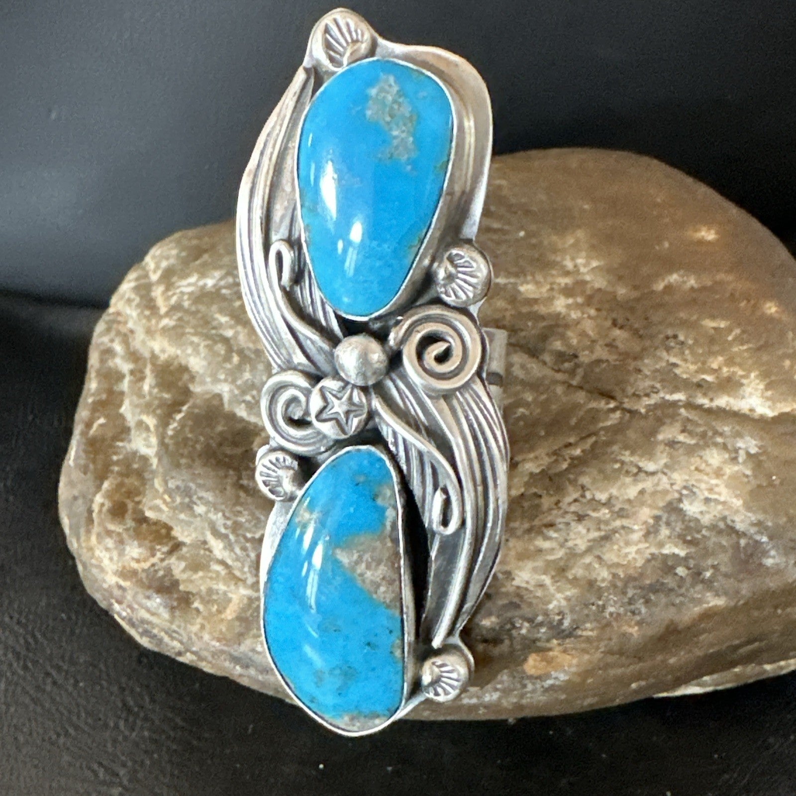 XL Navajo Cluster Blue Kingman Turquoise Sterling Silver Ring Sz 7 18989