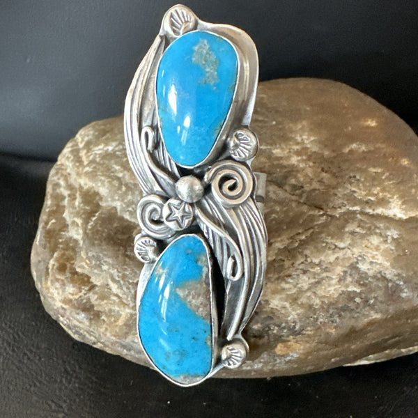 XL Navajo Cluster Blue Kingman Turquoise Ring Sz 7 | Sterling Silver | Authentic Native American Handmade | 18989