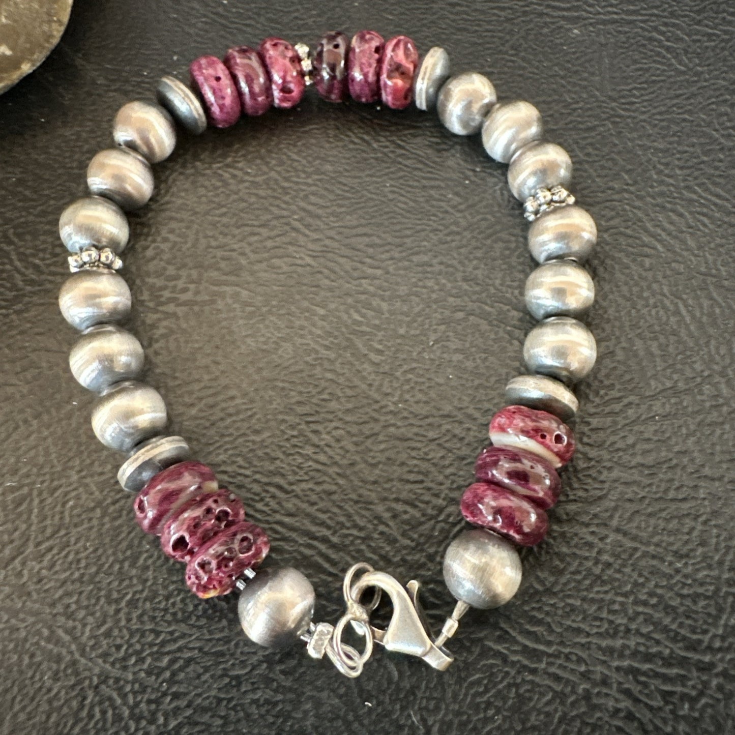 Purple Spiny Oyster 8mm Bead Bracelet Navajo Sterling Silver 6.5" 18946