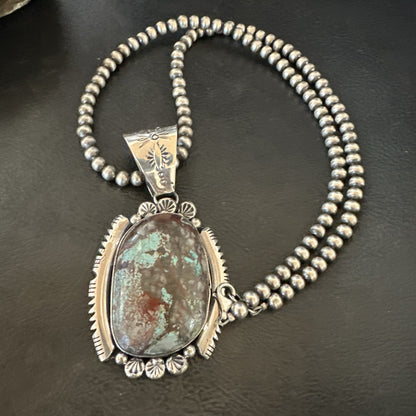 Yazzie Navajo Sterling Silver Blue Rustic Turquoise Necklace Pendant 3" 18997