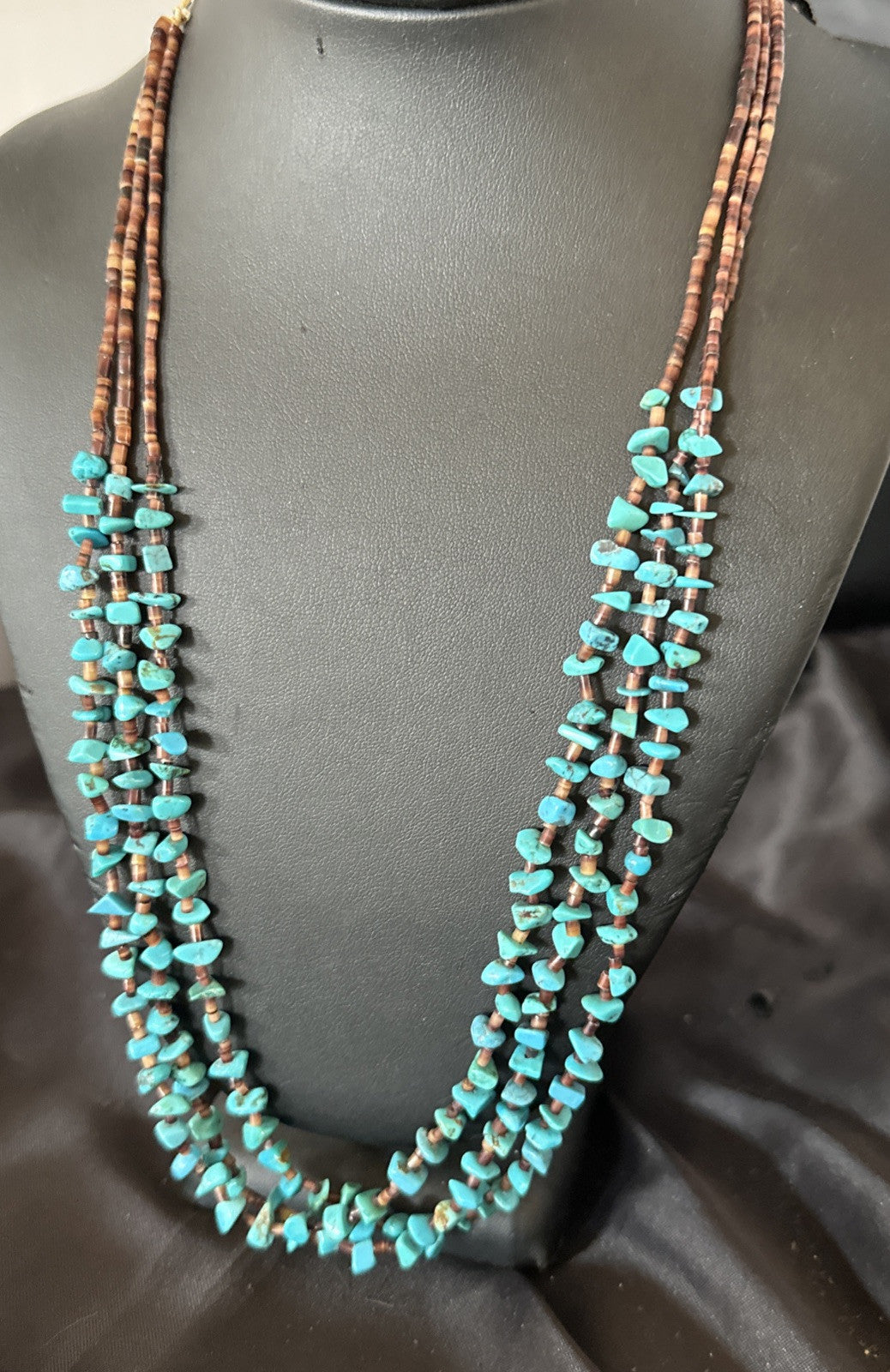 Blue Kingman Turquoise Shell 3 Strand Santo Domingo Necklace 24" 18892