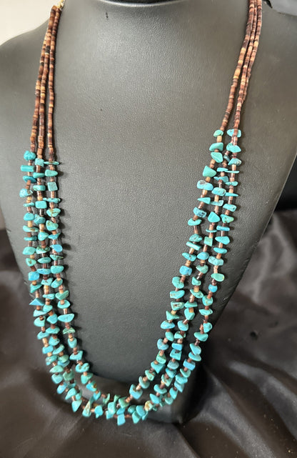 Blue Kingman Turquoise Shell 3 Strand Santo Domingo Necklace 24" 18892